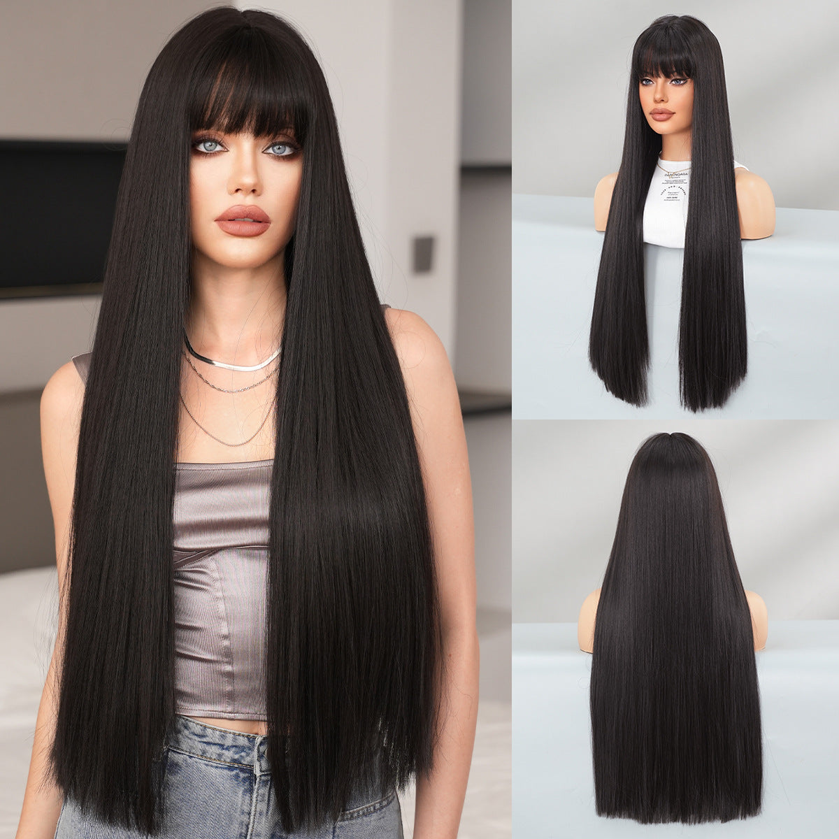 High Quality Super Hair Female Bangs Daily Black Long Straight Wig