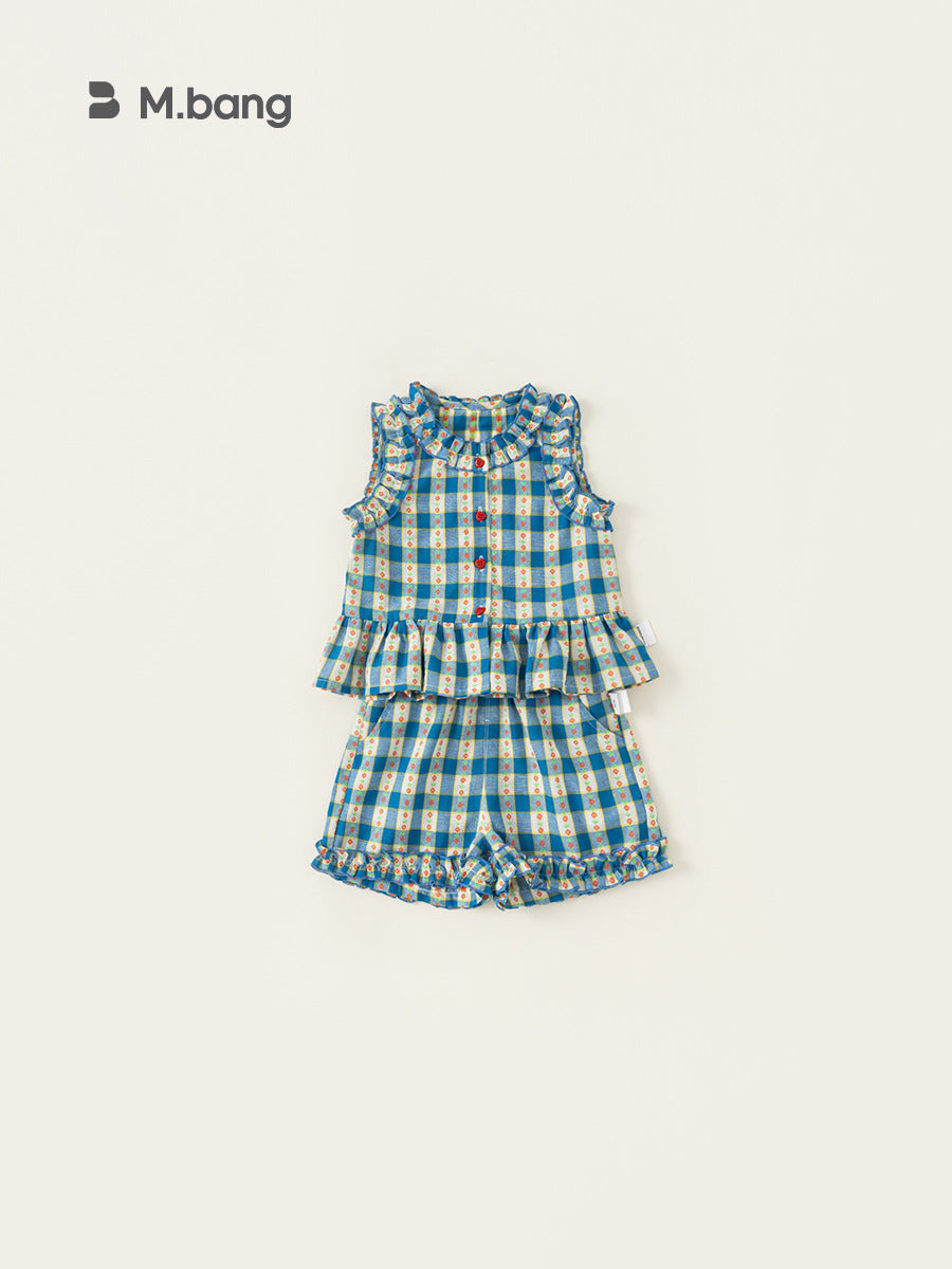 Women's & Children's Clothing Plaid Two-piece Sleeveless Top Sweet Lace Shorts Children's Suit