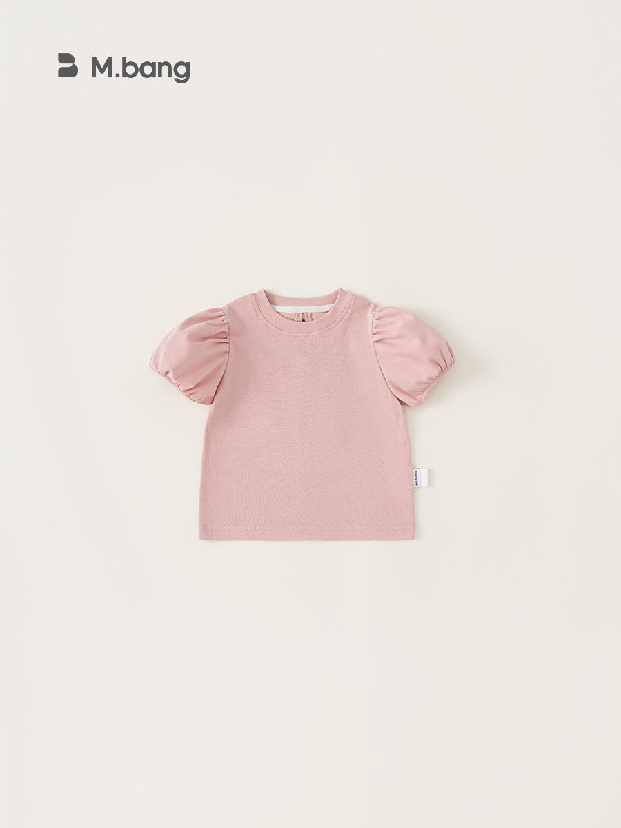 Children's Clothing Puff Sleeve Top Summer Sweet Solid Color Back Children's T-shirt