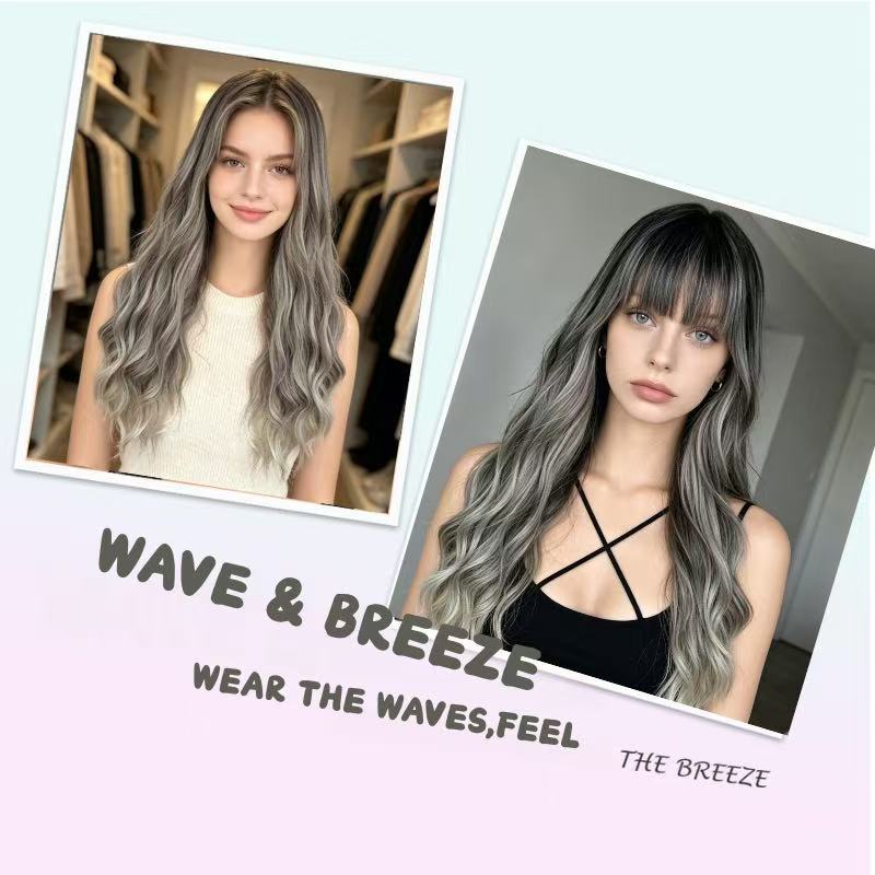 Straight Bangs Natural Fluffy Gradient Color Curly Wig Long Curls