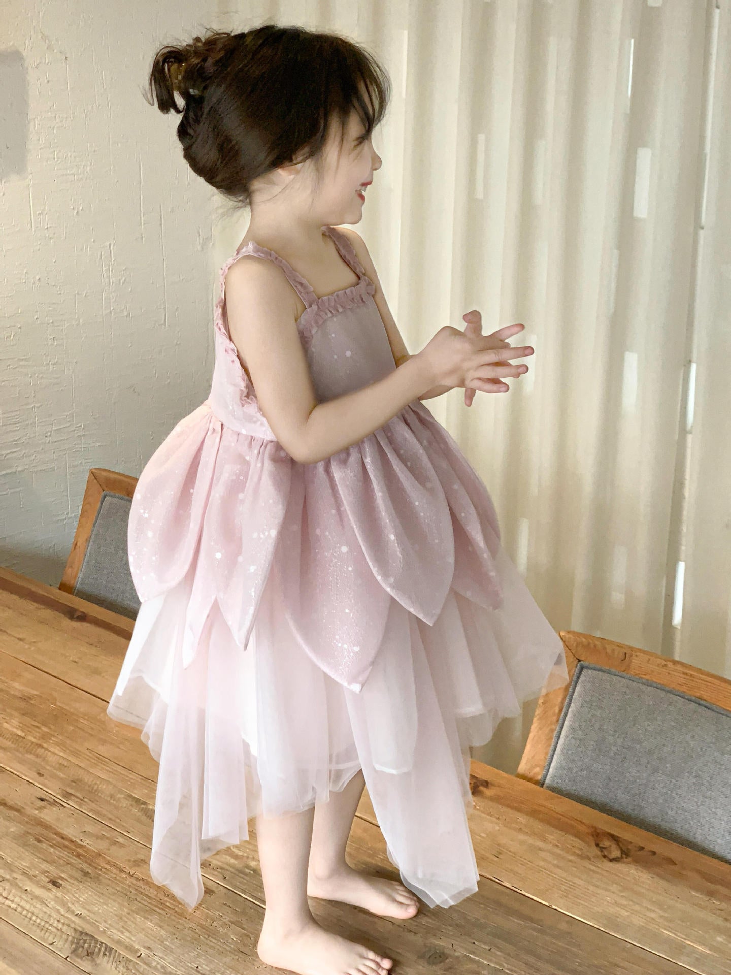 Princess Birthday Pink Petal Mesh Tree Children's Dress