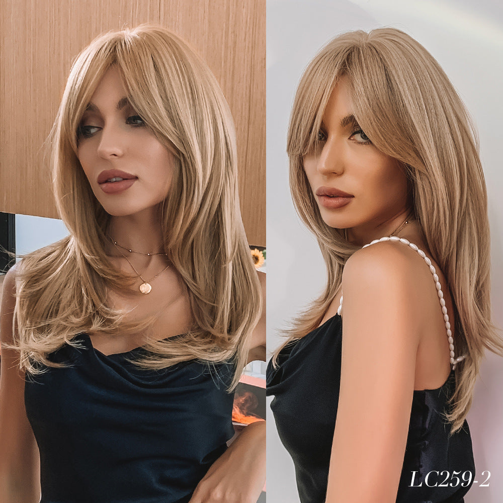 Women's Gradient Golden Bangs Hair Tail Micro Volume Fiber Wig Long Curls