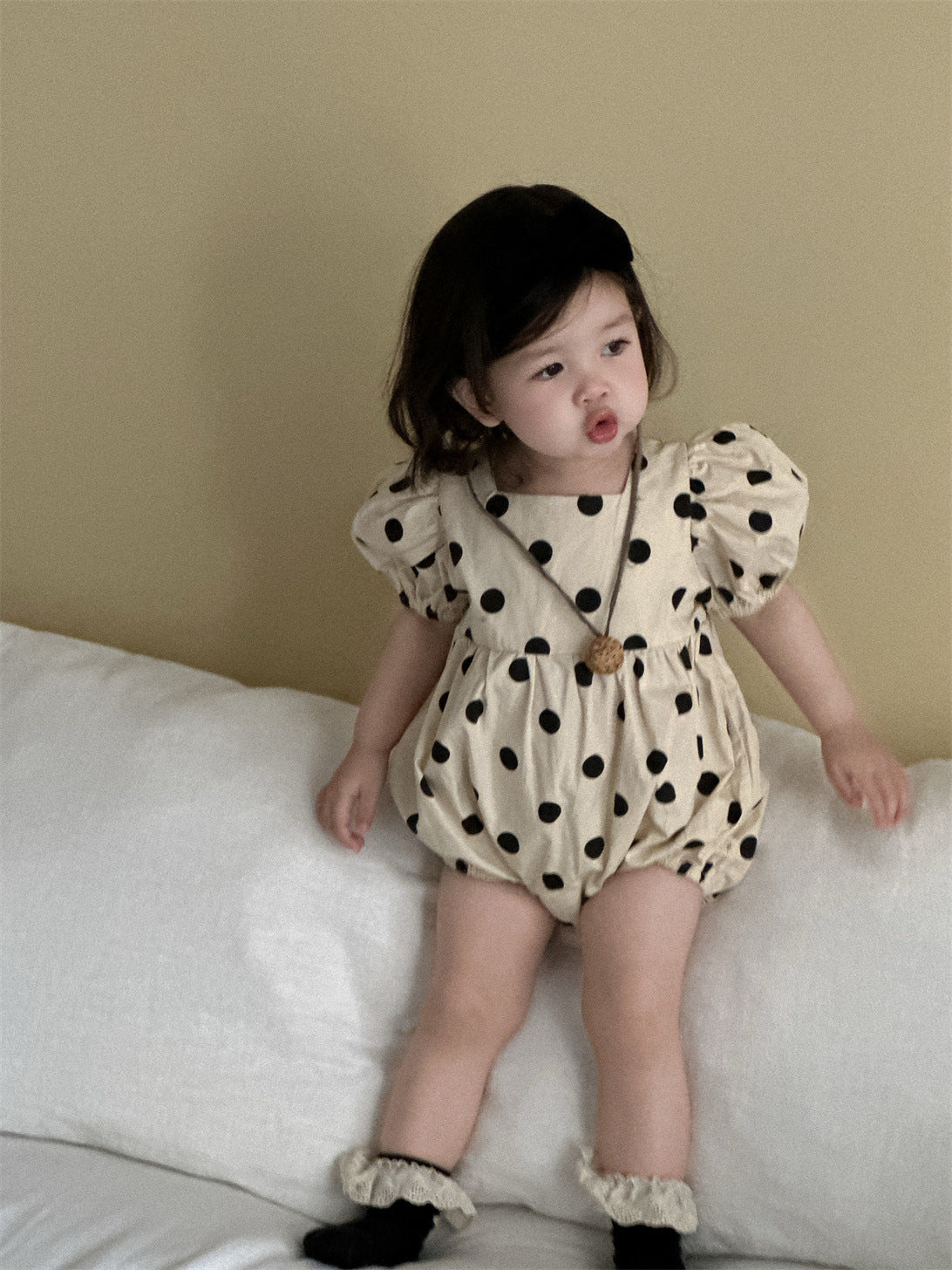 Children's Summer Puff Sleeve Thin Romper Korean Style Clothing Polka Dot Jumpsuit, Climbing Suit