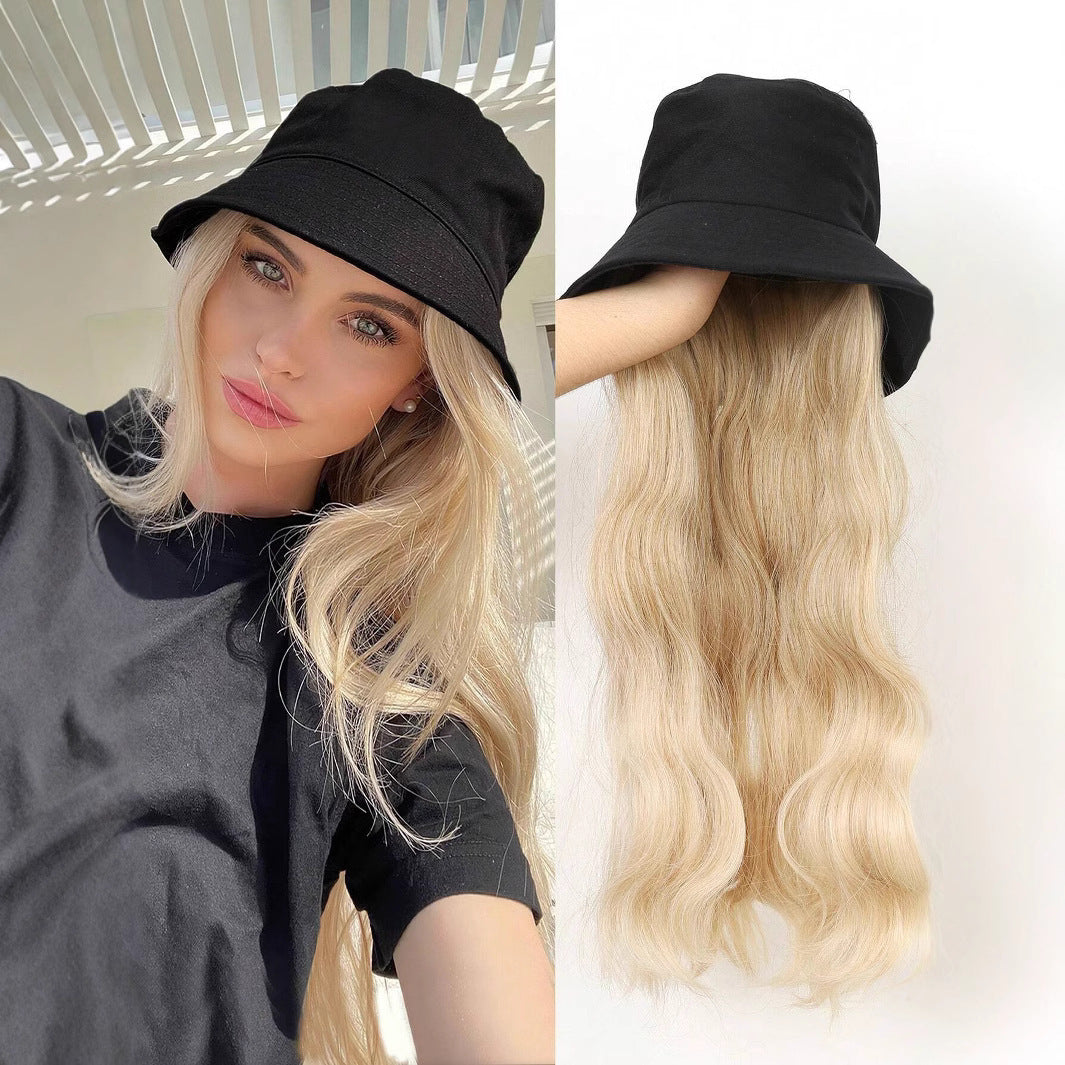 Hat Integrated Black Knitted Beret Golden Long Straight Hair Chemical Other Wig