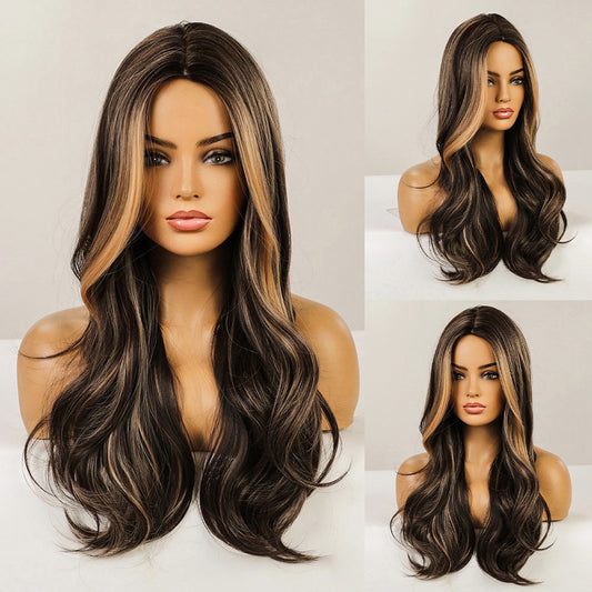 Women's Head Cover Medium Points Highlight Wave Curly Hair Wig Long Curls