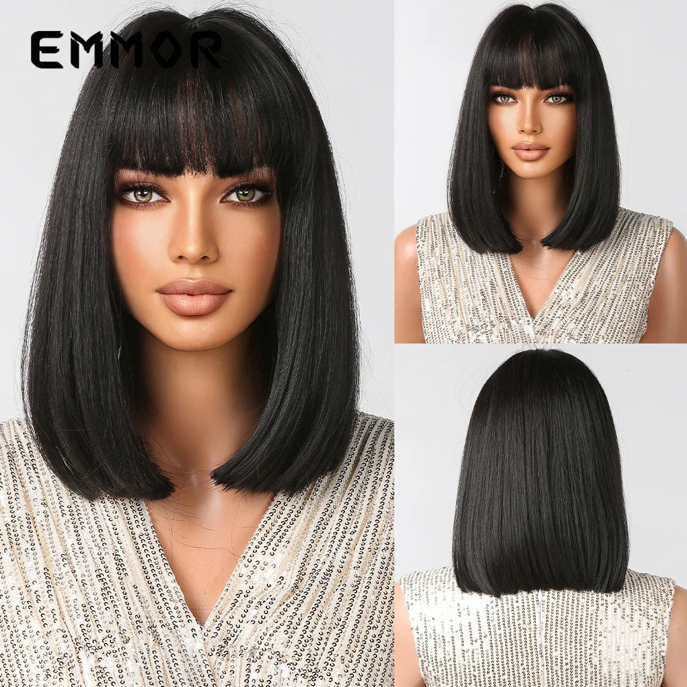 Summer Natural Breathable Bangs Golden Full Wig Short Straight Hair