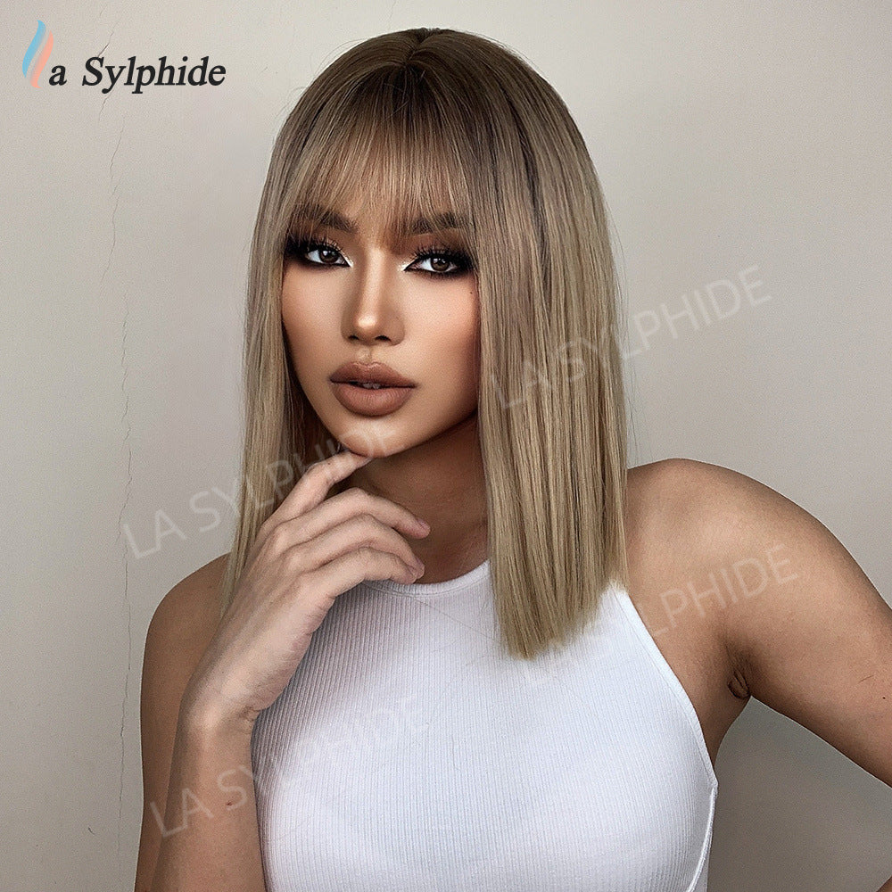Brown Gradient Golden Chemical Fiber Female Wig Short Straight Hair