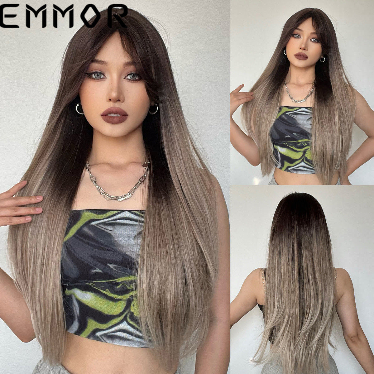 White Gold Color Bangs Hair Curling Long Straight Wig