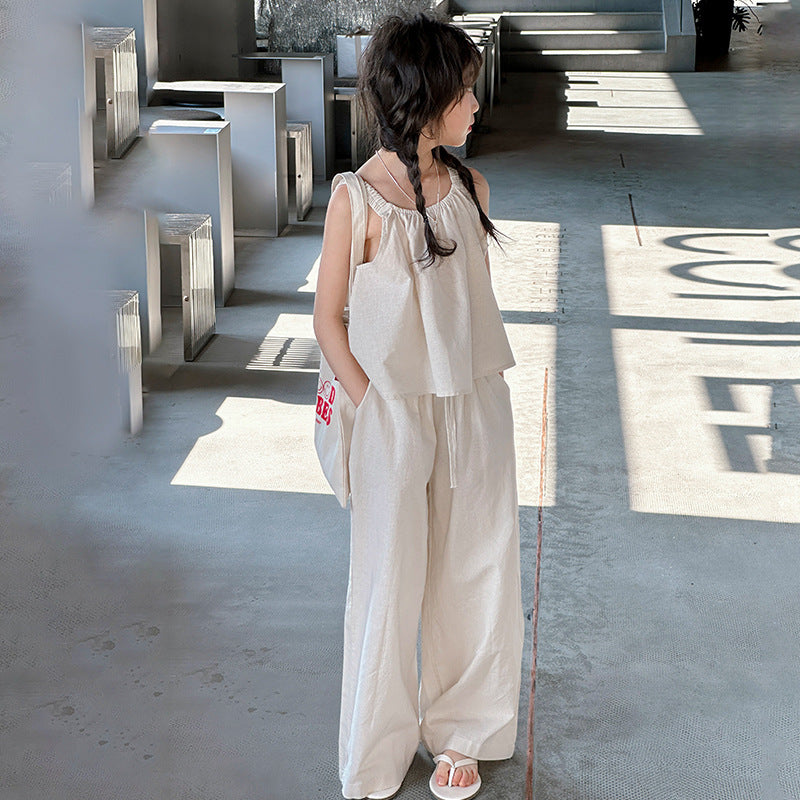 Summer Cotton Linen Sleeveless Pants Middle Big Korean Children's Suit