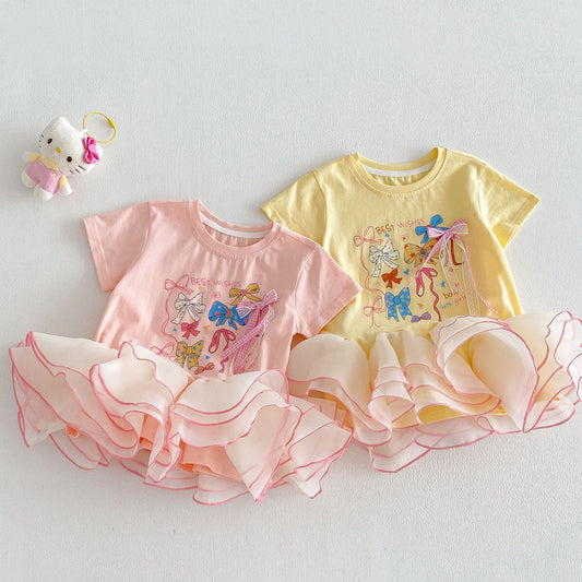 Bow T-shirt Skirt Summer Korean Style Printed Children's Dress