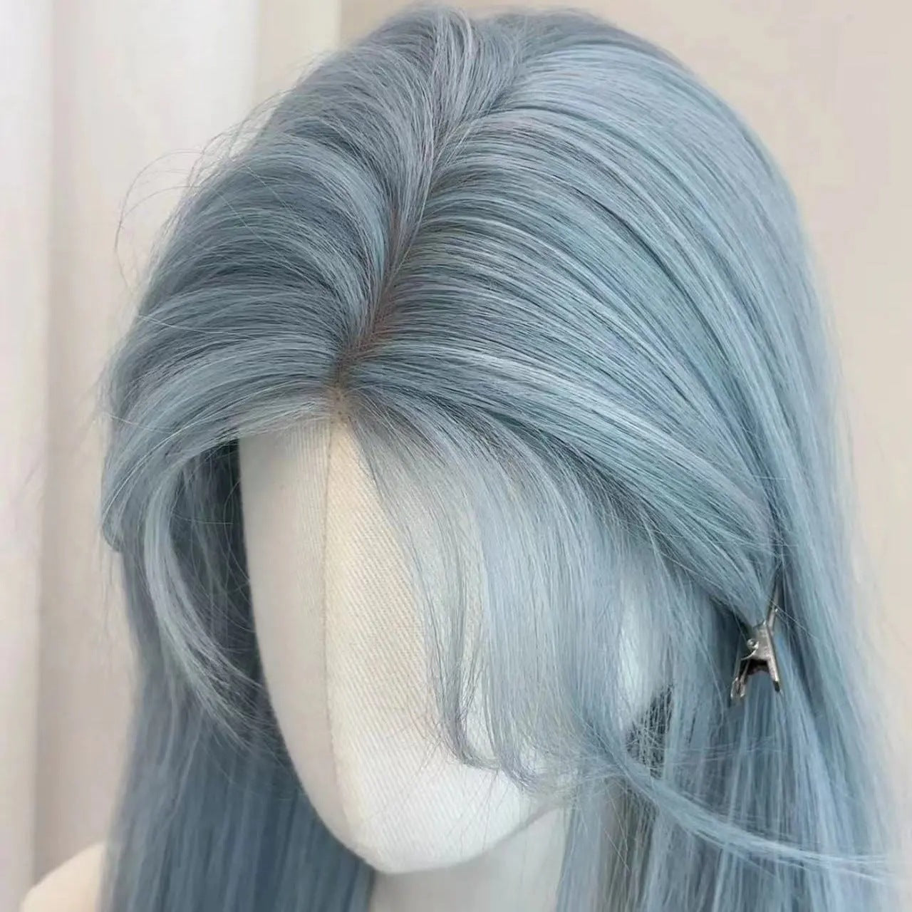 Glacier Forehead Lace Low Saturation Blue Female Long Straight Wig