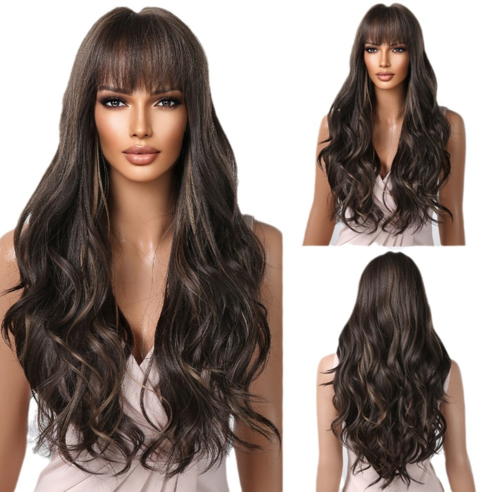 Fringe Curly Hair Highlights Brown Big Wave Wig Long Curls