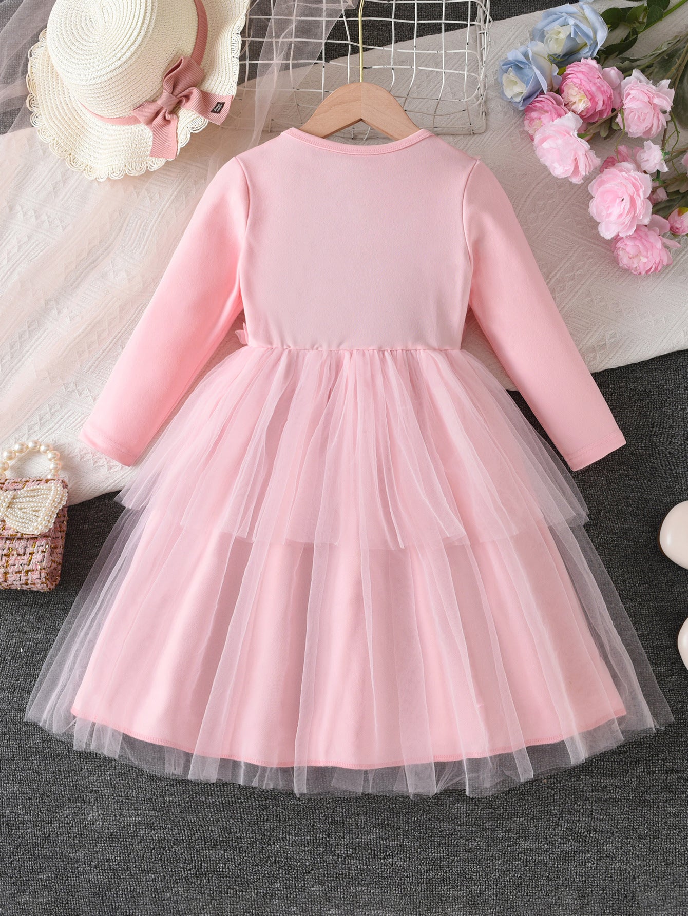 Autumn Color Three-dimensional Rose Bow Mesh Princess Children's Dress