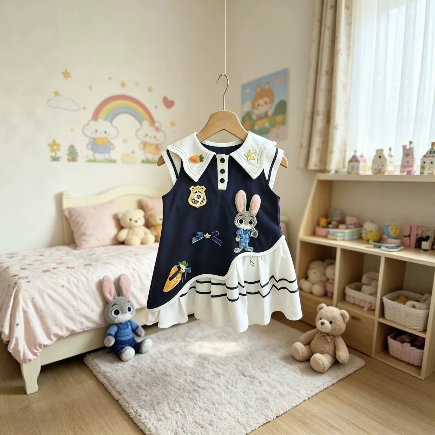 Children's Summer Preppy Style Rabbit Police Officer Lapel Western Children's Dress
