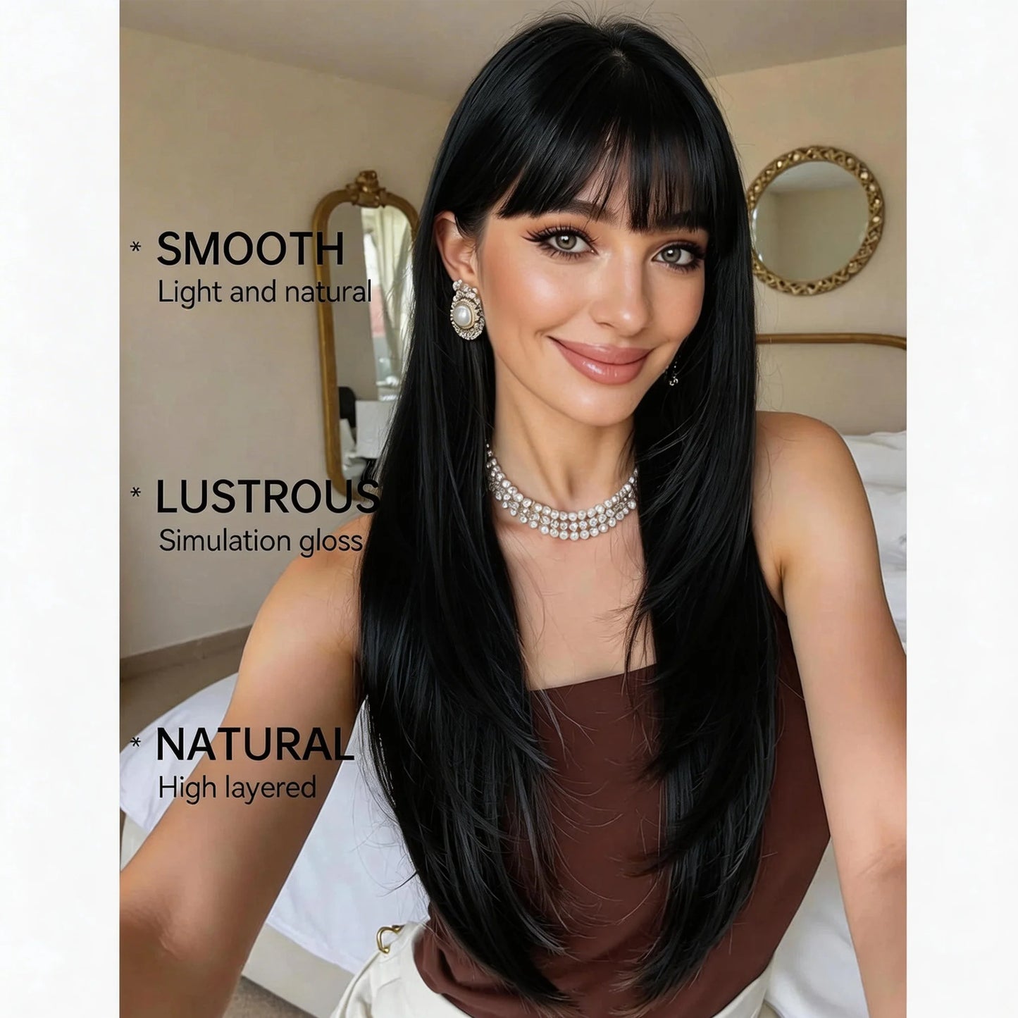 Fashion Bangs Black Hair Female African Long Straight Wig