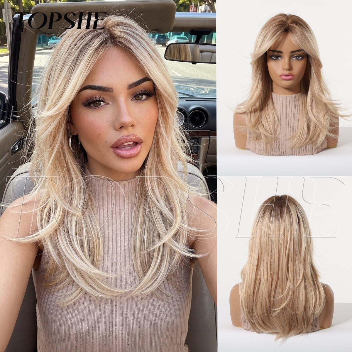 Bangs Gradient Light Golden Brown Chemical Fiber Long Straight Wig