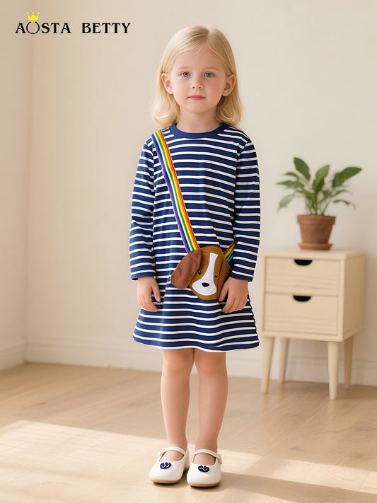 Autumn Fashion Patch Princess Round Neck Striped Children's Dress