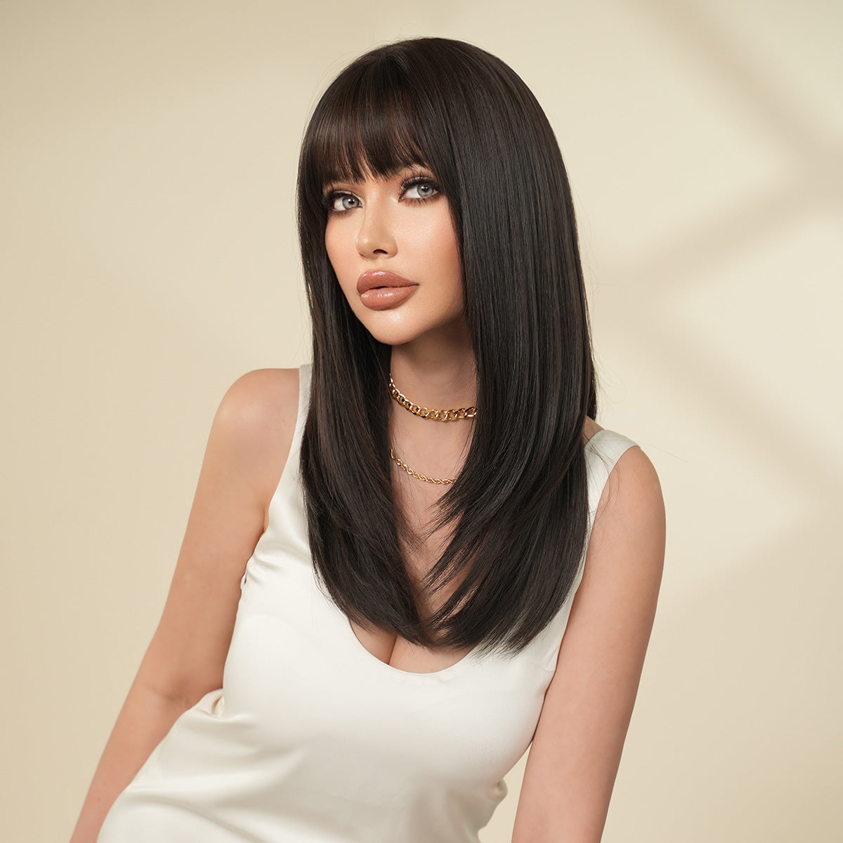Quality Female Natural Black Layered Bangs Long Straight Wig