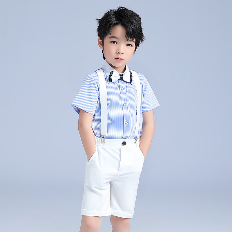 Children's Spring Boy's Korean Style Striped Short-sleeved Suspender Pants Piano Host Children's Suit