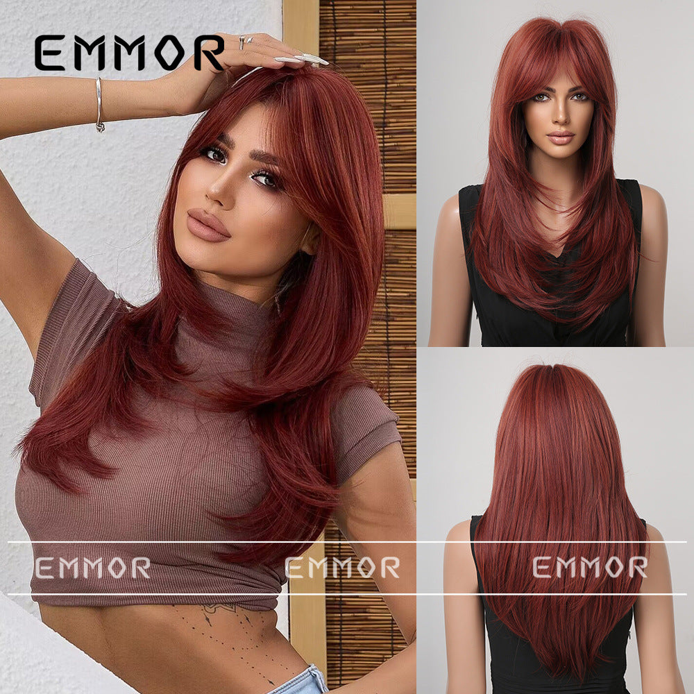 Fluffy Burgundy Hair Natural Fashion Chemical Wig Long Curls