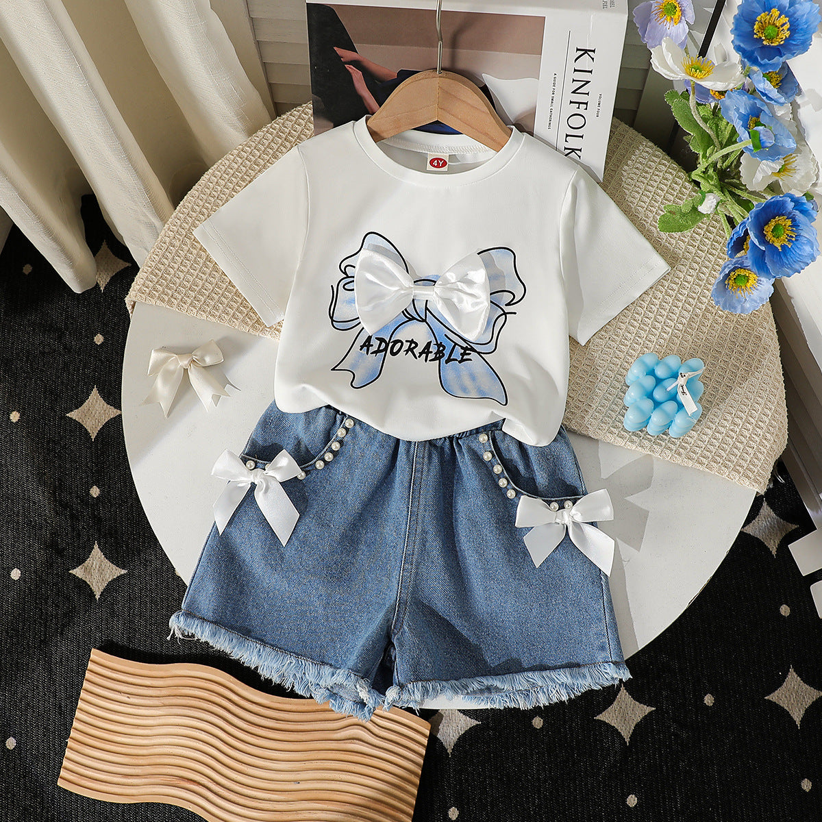 Round Neck Printed Knitted Top Denim Beaded Embroidered Jeans Children's Suit