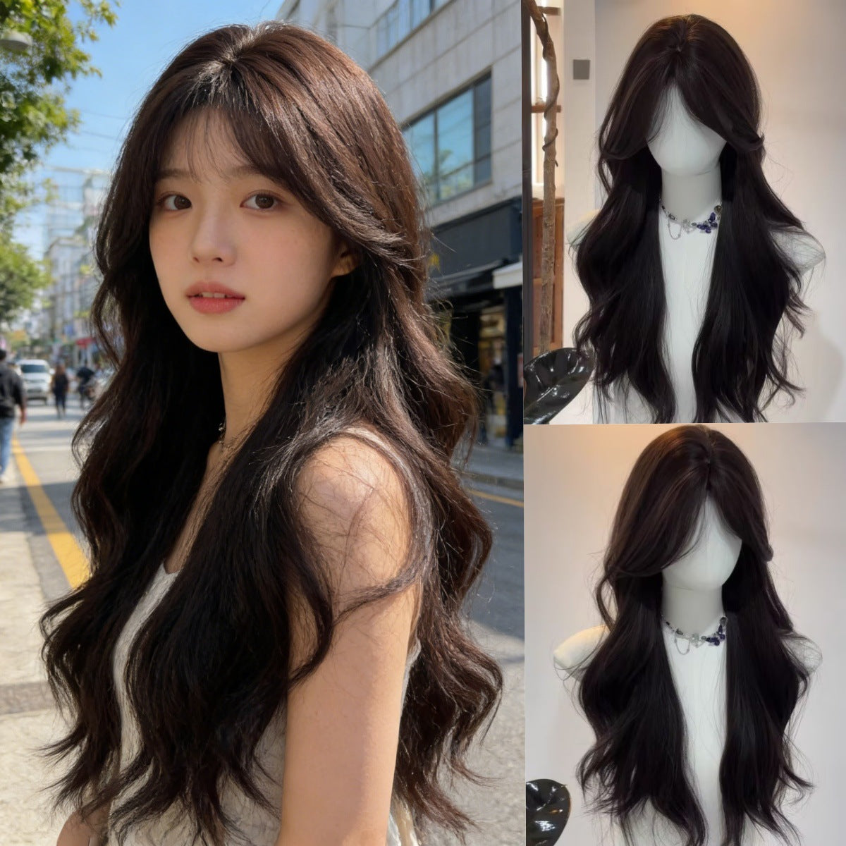 Female Artificial Hair Natural Seamless Bangs Big Wave Full Top Wig Long Curls