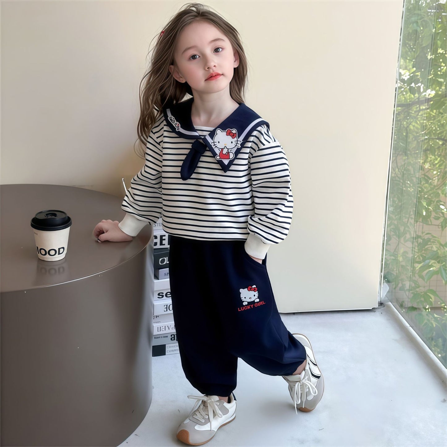 Children's Sweater Cute Sailor Collar Leisure Sports Cartoon Striped Children's Suit