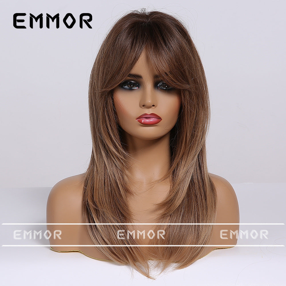 Women's Bangs Gradient Golden Mid-length Hair Curling Wig Long Curls