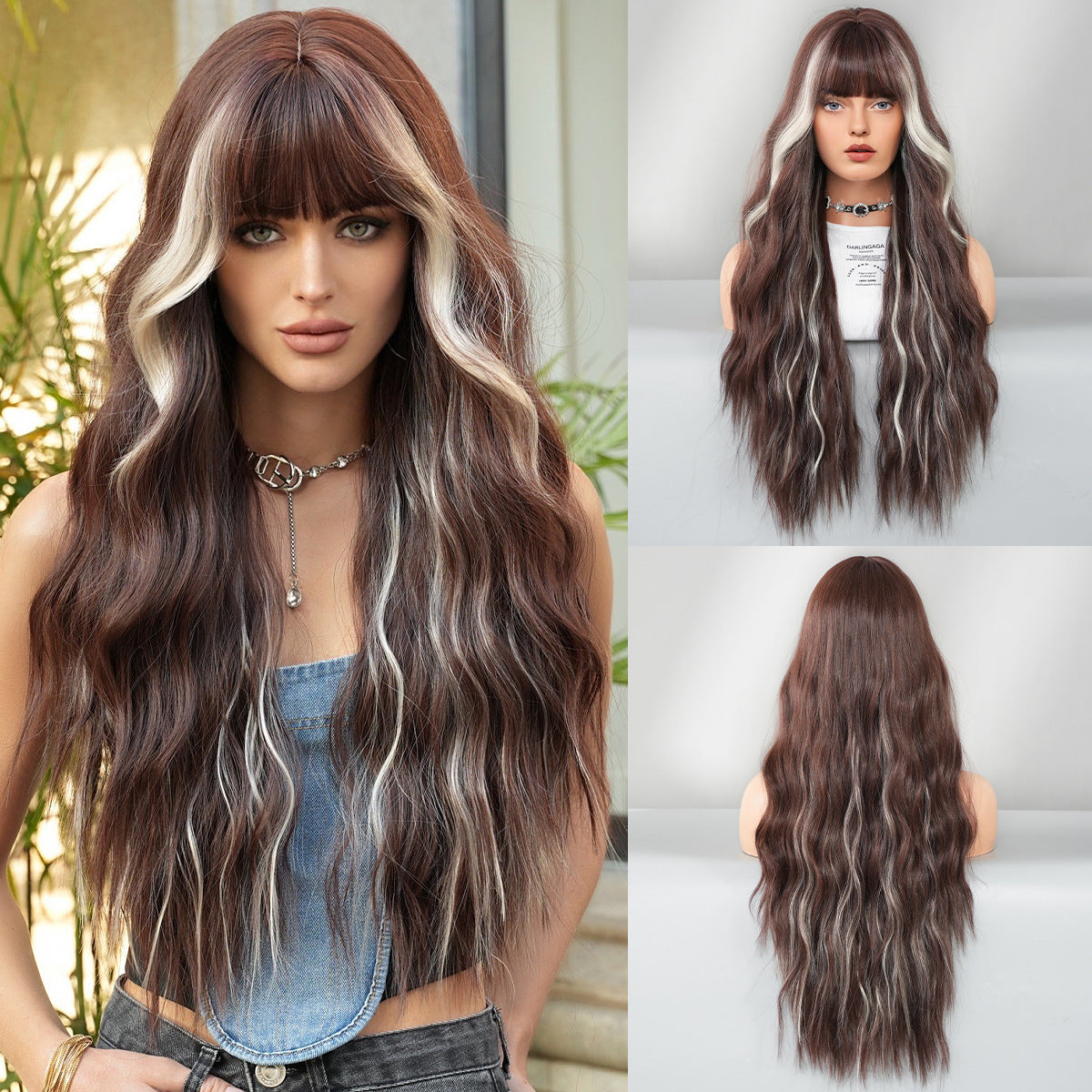 Women's Hair Sier Gray Highlight Full Head Big Wave Wig Long Curls