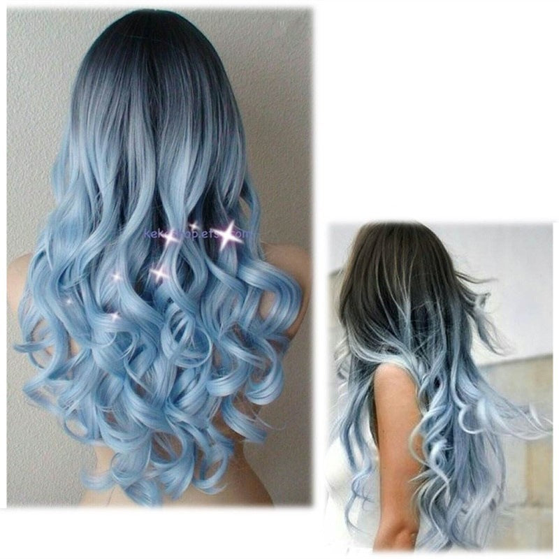 Women's Black Blue Gradient Curly Hair Fiber Medium Wig Long Curls