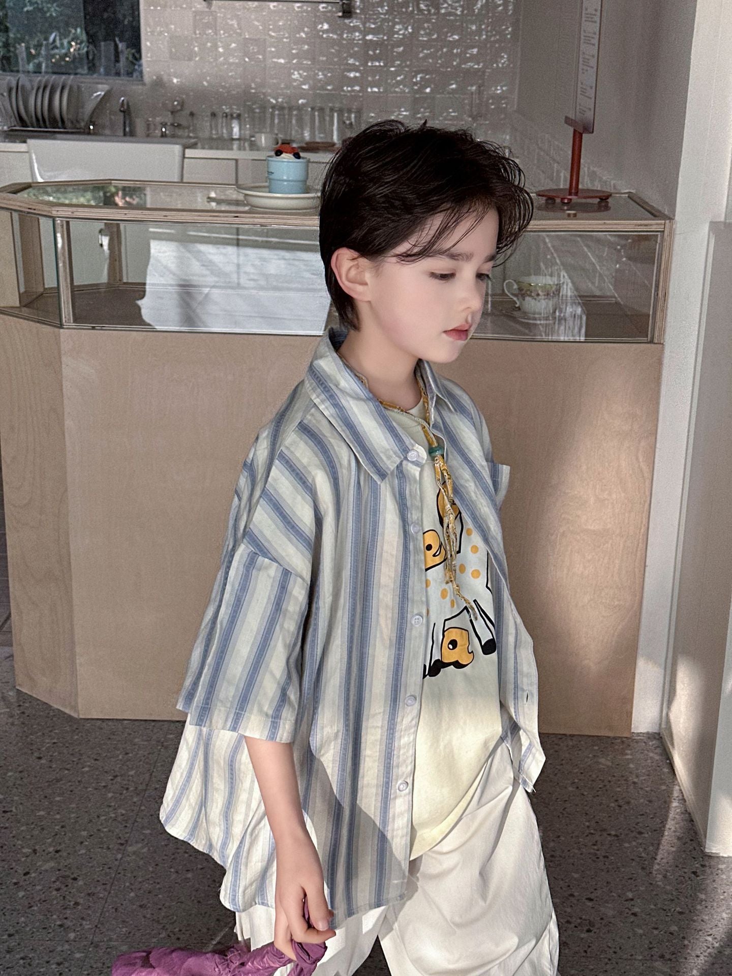 Children's Summer Cotton Short-sleeved Striped Korean Loose Woven Children's Shirt
