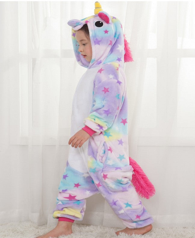 Children's Cartoon Animal One-piece Pajamas Rainbow Flannel Lion Cute Long Jumpsuit, Climbing Suit