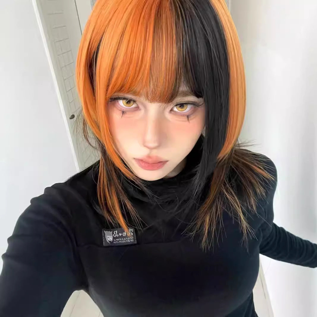 Female Black Dirty Orange Highlight Collarbone Long Straight Wig