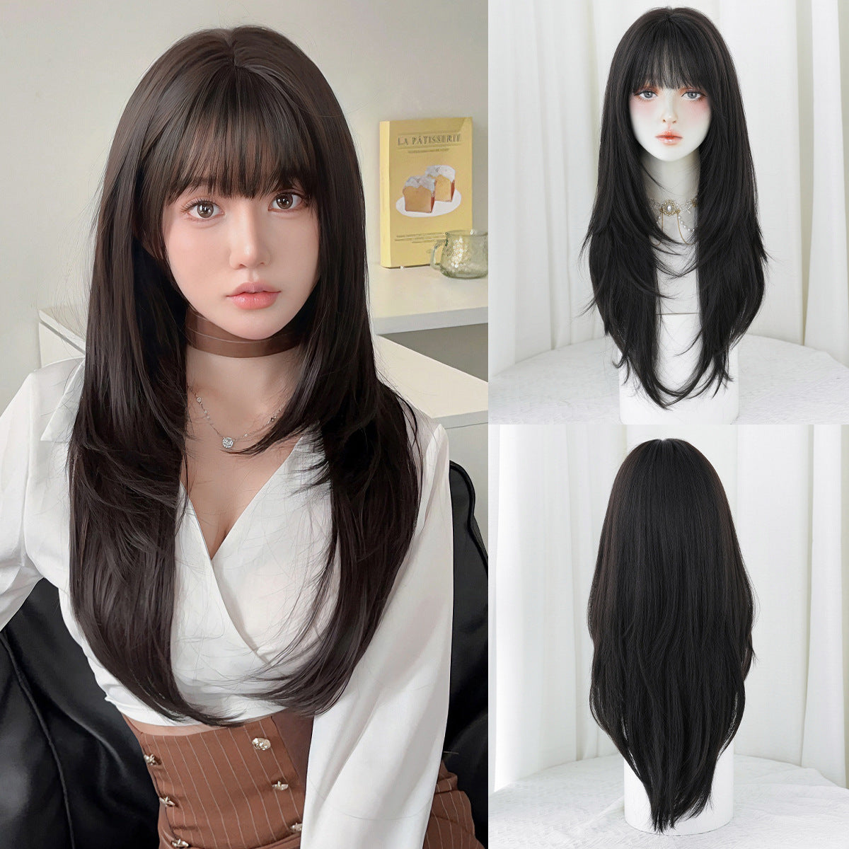Black Full Top Bangs High Quality Chemical Long Straight Wig