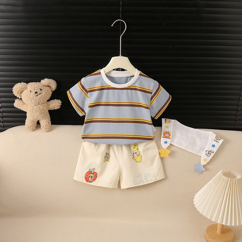 Children's Summer Korean Cute Boy Cartoon Striped Shawl Short Children's Suit