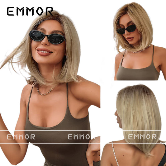 Women's Fashion Partial Gradient Golden Curling Fiber Wig Short Straight Hair