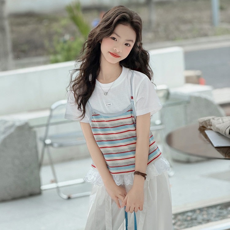 Two-piece Suspender T-shirt Pants Summer Middle Big Lace Striped Short Children's Suit