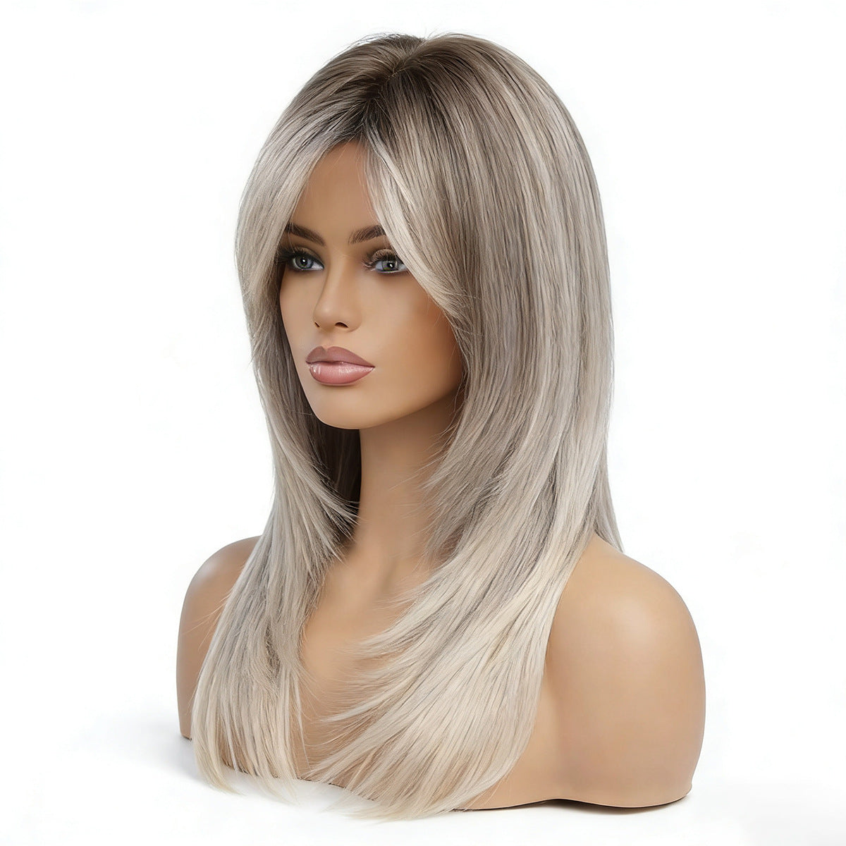 Women's Hair Temperament Mid-length Granny Grey Natural Long Straight Wig