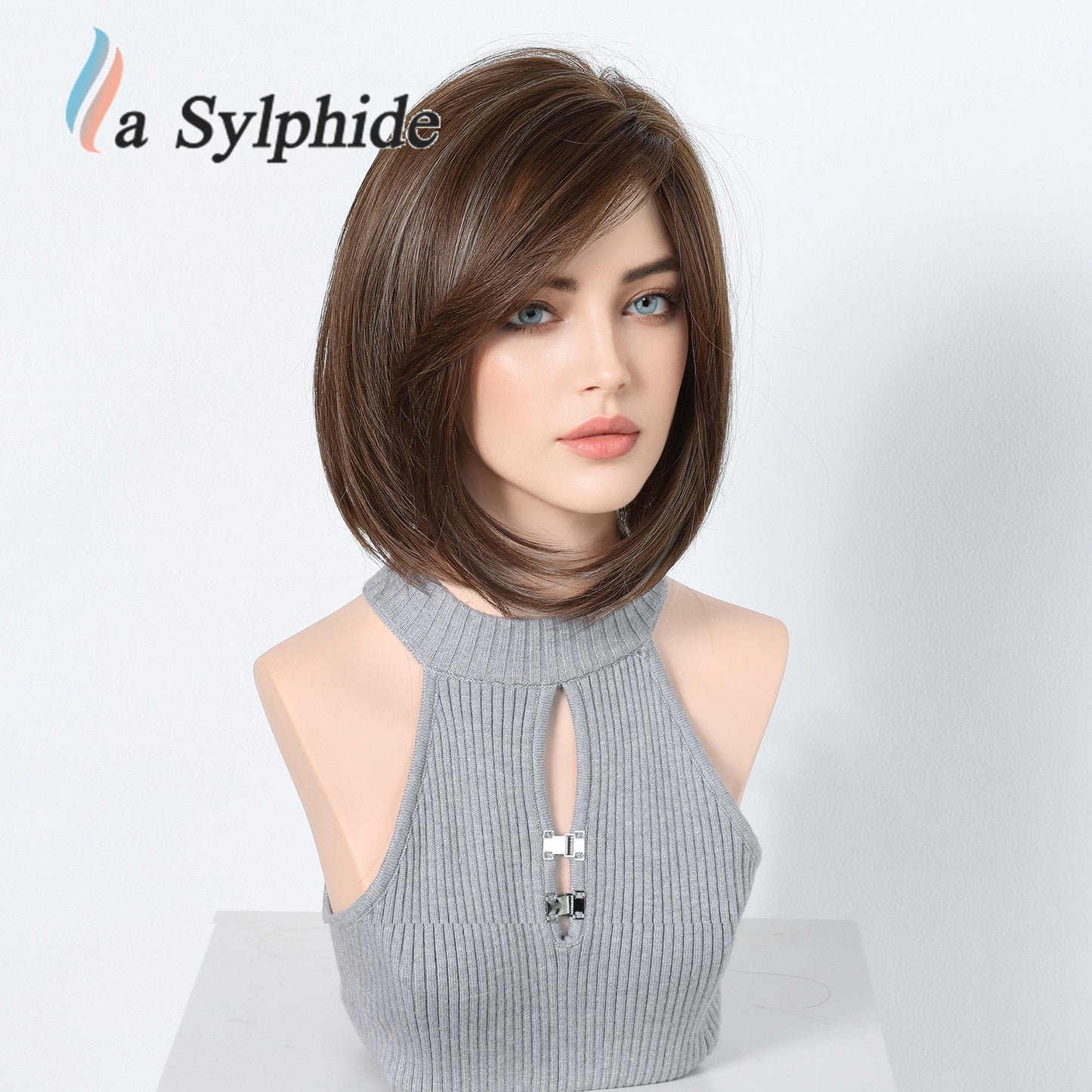 Dyed Brown Collarbone Straight Partial Bangs Breathable Rose Mesh Head Wig Short Curly Hair