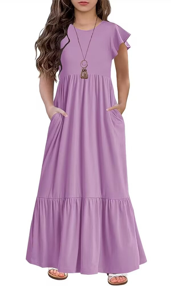 Crew Neck Casual Elegant Layered Super Long Children's Dress