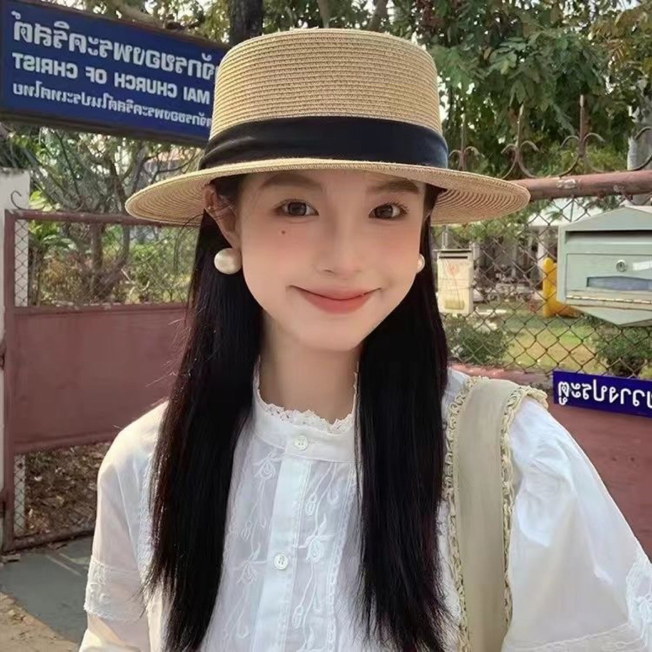 Hepburn Style French Flat Top Straw Curly Hair Summer Full Long Straight Wig