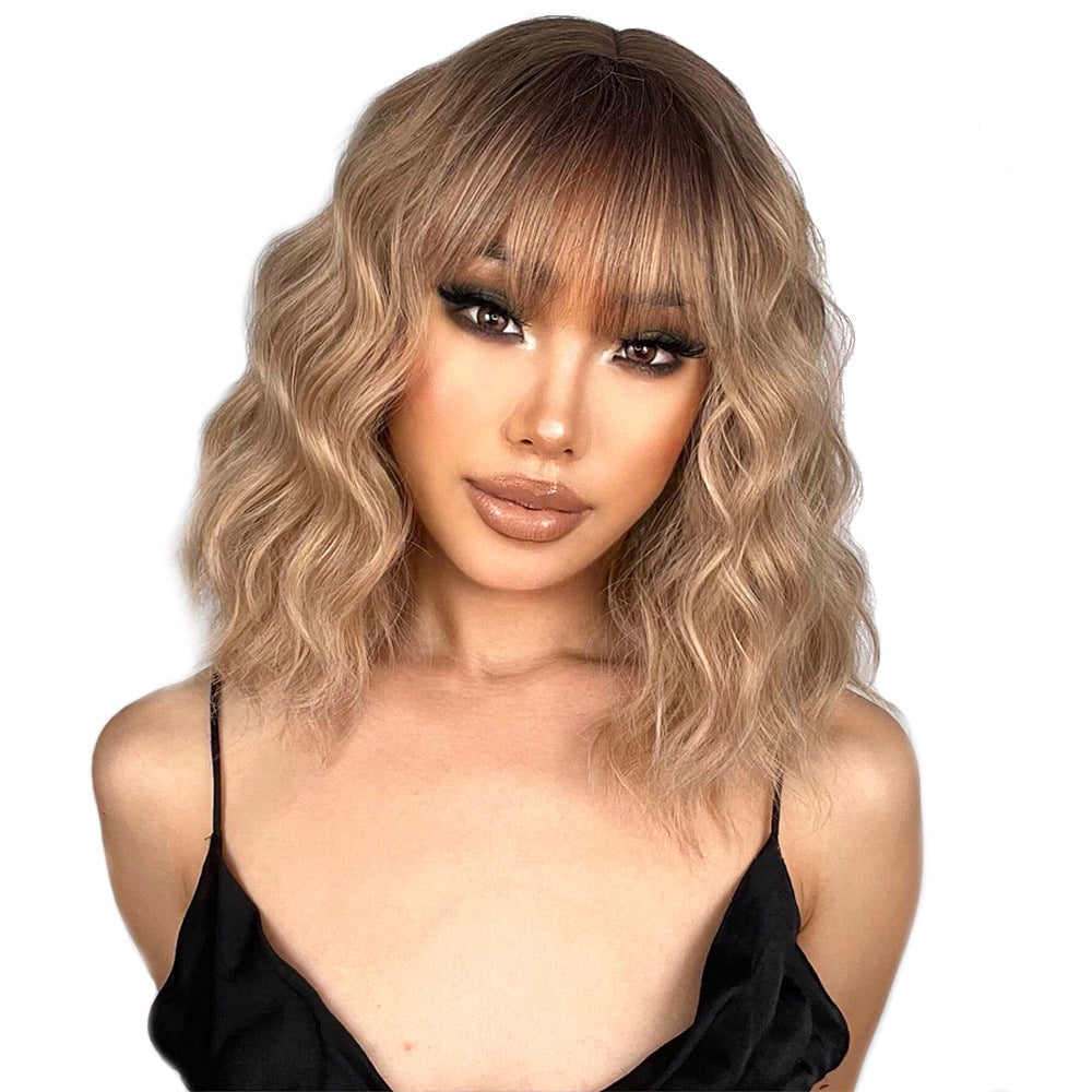 Water Ripple Black Gradient Golden Full Top Chemical Fiber Wig Short Curly Hair