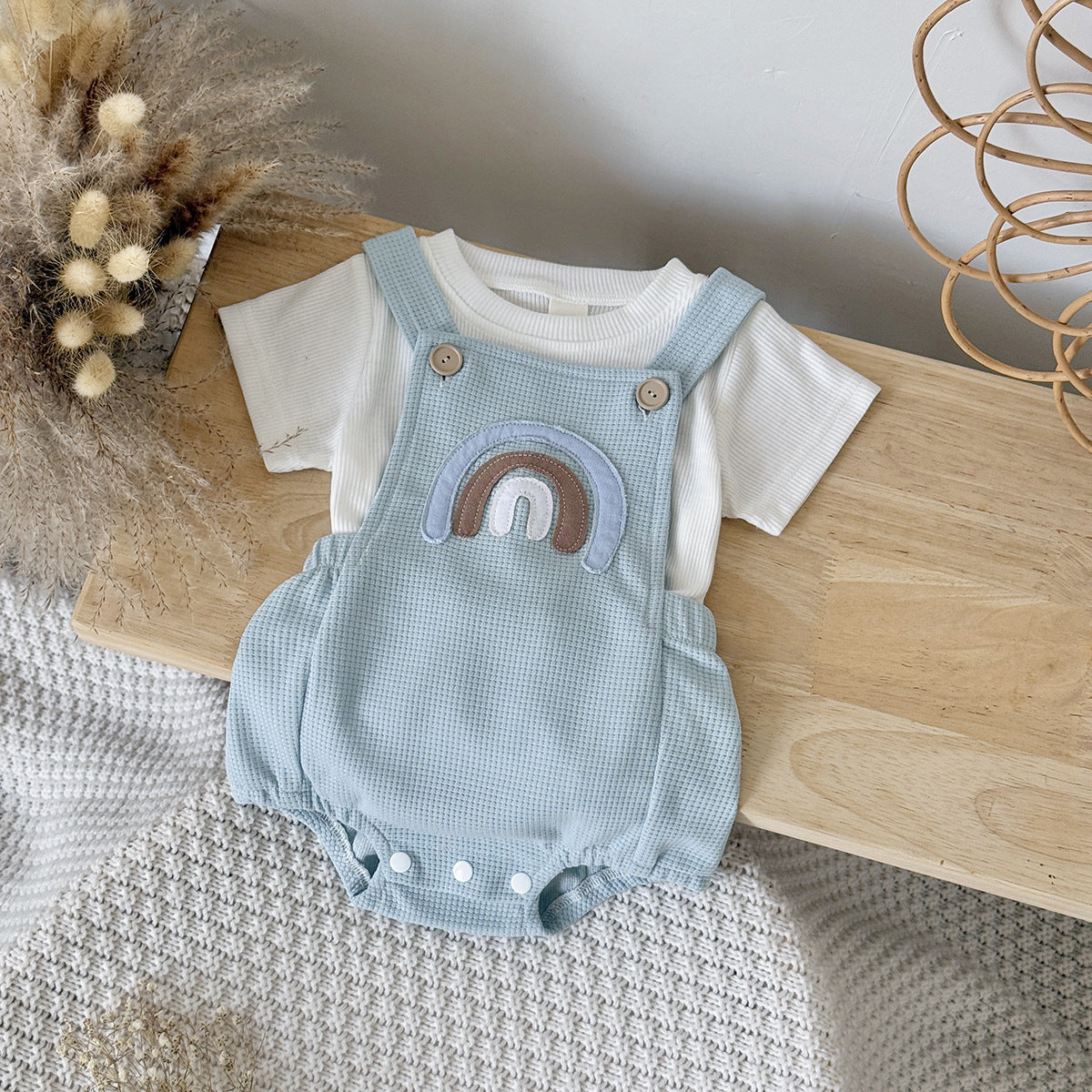Summer Infant Shoulder Button Rainbow Pattern Jumpsuit Round Neck Thin Jumpsuit, Climbing Suit