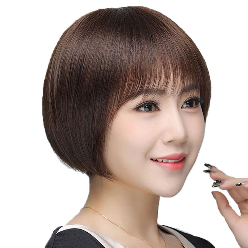 Real Full Human Female Mother Sheath Wig Short Straight Hair