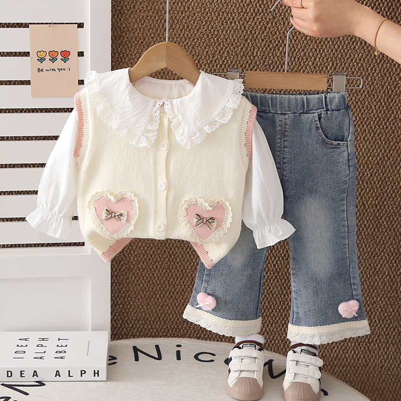 Lace Love Sweater Vest Cute Lapel Bell-bottom Children's Suit
