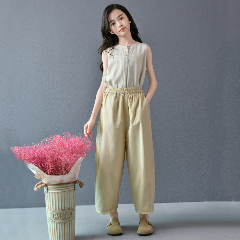 Summer Loose Leisure Artistic Retro Casual Cropped Slim Elastic Waist Children's Pants