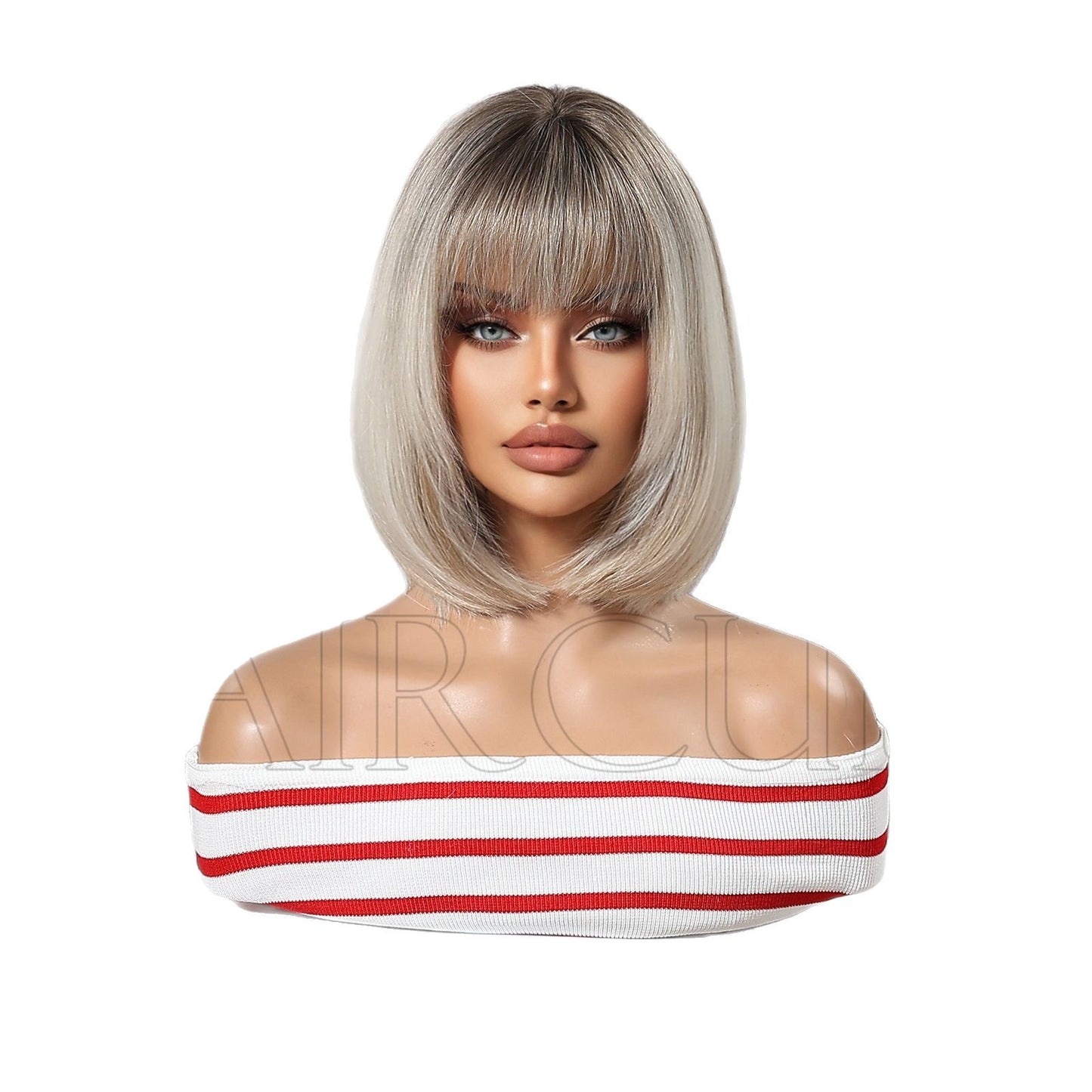 Head Cover Golden Dyed Bangs Summer Wig Short Straight Hair
