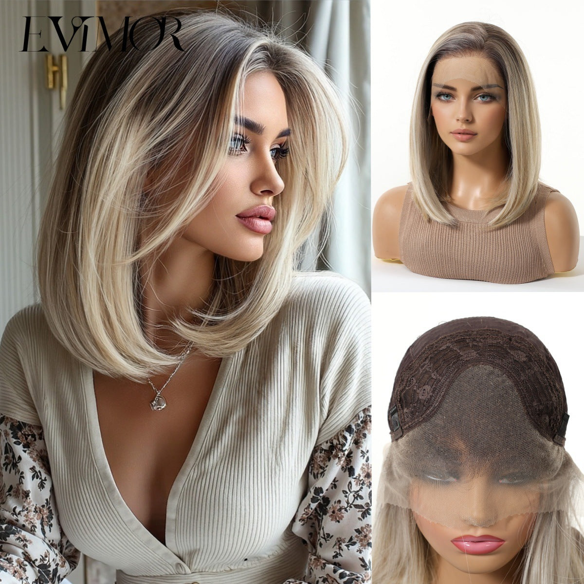 Women's Crocheted Lace On Forehead Fiber Gradient Golden Wig Short Straight Hair
