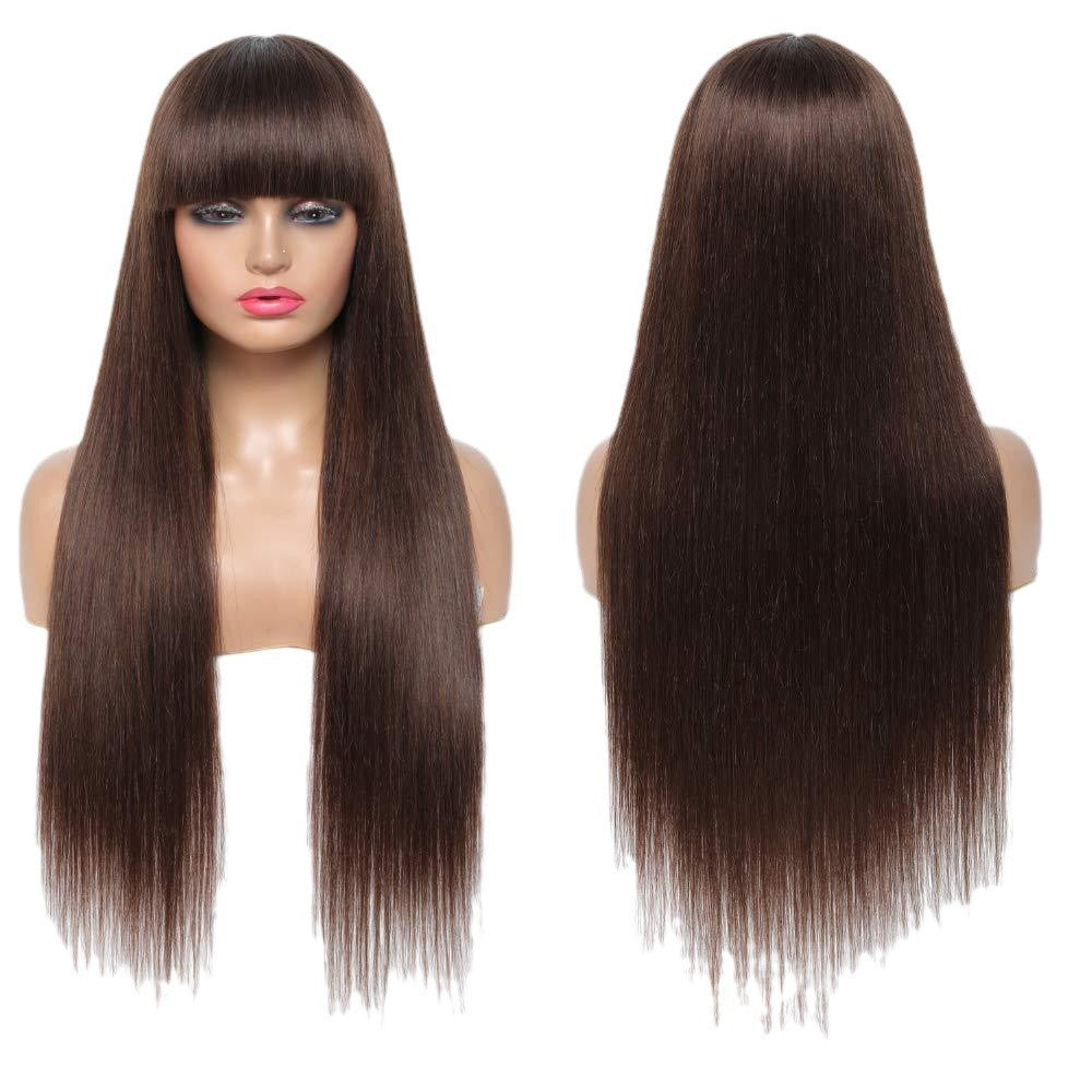 Head Cover Brown Straight Bangs Long Chemical Wig Short Curly Hair