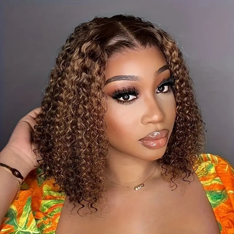 African Small Female Natural Head Cover Front Lace Piano Wig Short Curly Hair